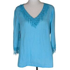 Anne Carson 100% Linen Blue V Neck 3/4 Sleeve Blouse Fringe Collar/Sleeves Large